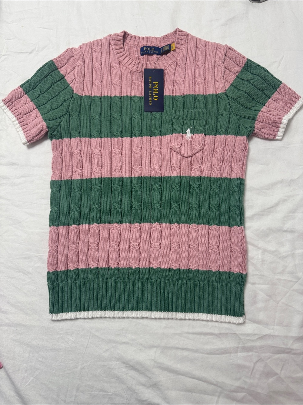Polo by Ralph Lauren Pink & Green Striped Cable-Knit Short Sleeve Sweater